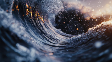 Ocean wave breaking at sunset with water droplets