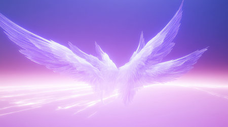 Ethereal glowing angel wings against purple sky