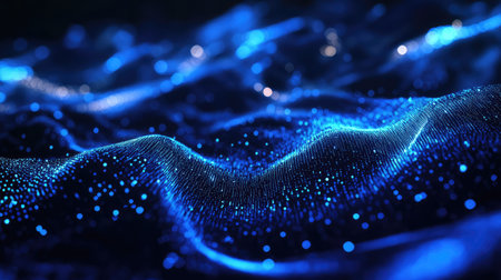 Digital data flowing grid with blue glowing particles