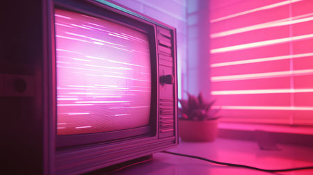 Old television with glitching screen in neon pink lightの写真素材