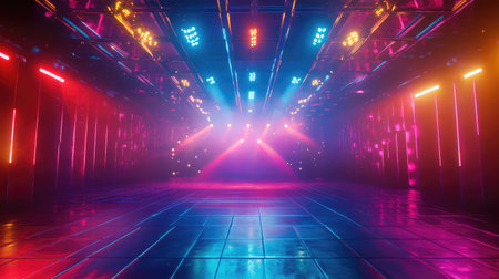 Empty stage creating abstract vibrant neon light atmosphereの写真素材