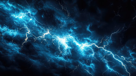 Blue lightning bolts striking through abstract dark energyの写真素材