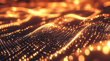 Golden dots forming abstract wave data networkの写真素材