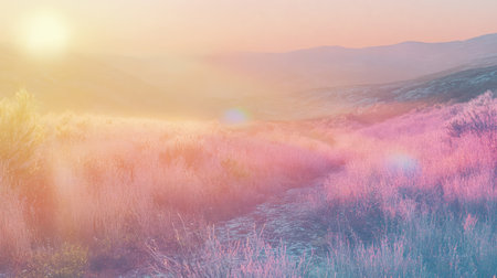 Vibrant fantasy landscape with colorful gradient sun flareの写真素材