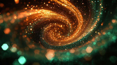 Swirling golden glitter particles creating abstract fantasy backgroundの写真素材