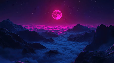 Pink moon illuminating dark mountains and glowing fog