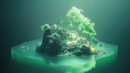 Miniature floating island ecosystem with glowing foliage and rock formationの写真素材