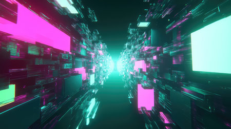 Digital data moving through abstract network cyberspace tunnel