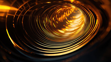 Abstract golden tunnel vortex with flowing light linesの写真素材