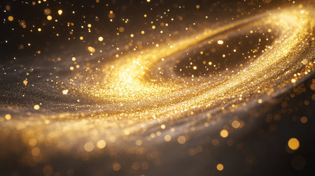 Golden sparkling particles forming abstract swirl backgroundの写真素材