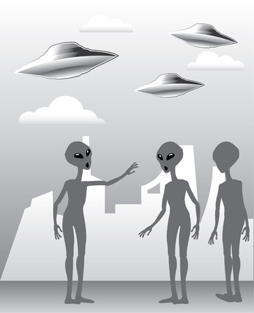 Three Aliens vector UFO city  illustration clip-art imageのイラスト素材