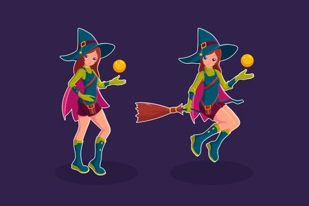 Witch flying in a broom cartoon character vector illustrationのイラスト素材