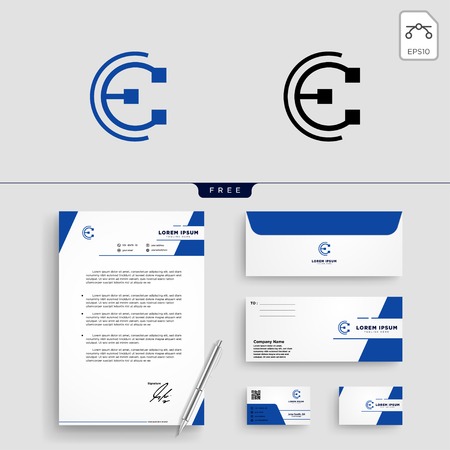 minimal E initial logo template vector illustration and stationery design, letterhead, business card, envelope.のイラスト素材