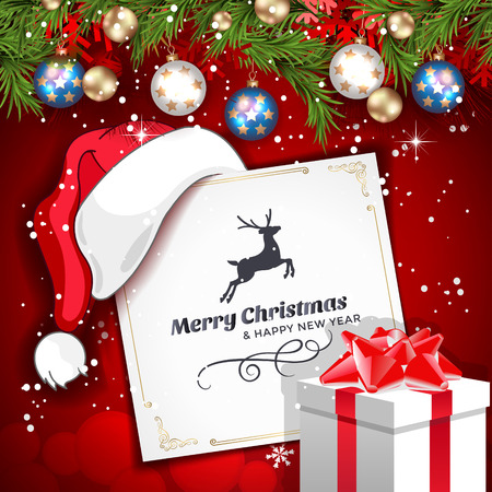 vintage Christmas greeting card with Santa Claus Hat, ornaments, reindeer and present retro illustration. Calligraphic and typographic design elementsのイラスト素材