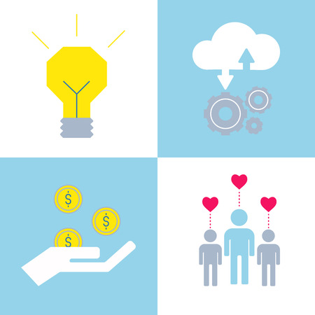 Crowdfunding and social illustration. Funding project by raising money using social media tools.のイラスト素材