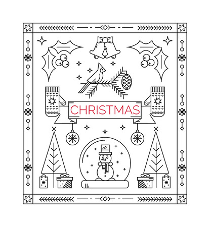 Christmas celebration card -  new year and christmas symbols isolated on background.  Vector card made in linear style.のイラスト素材
