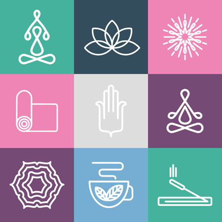 Vector yoga icons and line badges. For spa center or yoga studio.のイラスト素材