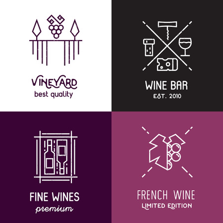 Set of line emblems and elements for vineyard, winery, wine package, web.のイラスト素材