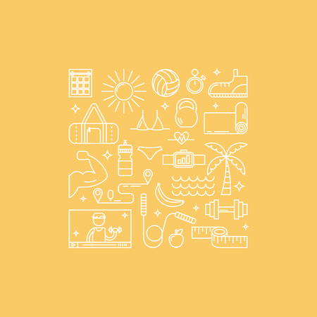 Sports gadgets and other elements for dieting and fitness training program. For websites, banners, print, blogs.のイラスト素材