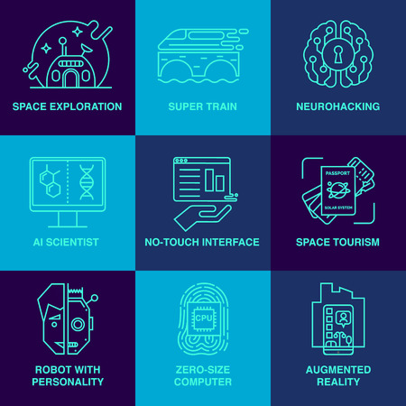 Robot, high-speed train, space tourism, brain training and others. Main future trends.のイラスト素材