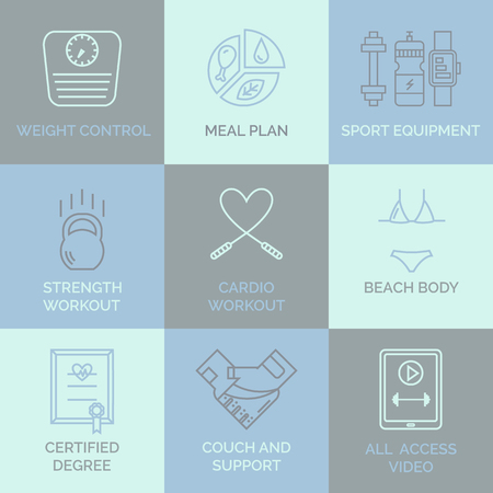 For web site, sport app, online workouts, gym. concept in modern outline style.のイラスト素材