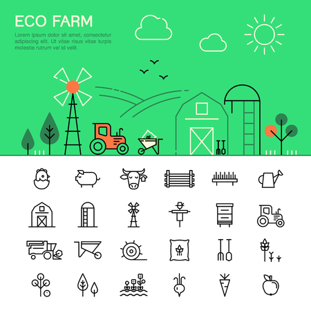 Farming and agriculture thin line icons.のイラスト素材