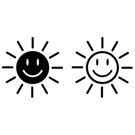 Smiling sun icon set in two styles isolated on white background . Happy smiling sun icon vector . Funny sun iconのイラスト素材