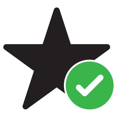Star with checkmark icon . Star favorite sign with green tick icon . Review star icon . Vector illustrationのイラスト素材