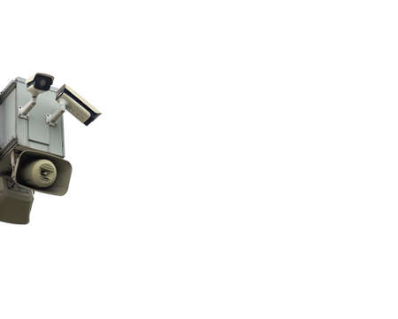 CCTV security surveillance cameras and horn speaker isolated on white with copy space
