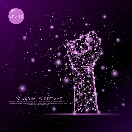 Hand fist digitally drawn futuristic low poly wire frame shape point, composition and lines vector illustration on purple background.のイラスト素材
