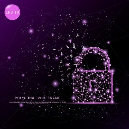 Padlock digitally drawn futuristic low poly wire frame shape point, composition and lines vector illustration on purple background.のイラスト素材