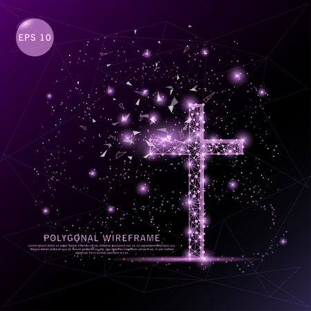 Religion cross digitally drawn futuristic low poly wire frame shape point, composition and lines vector illustration on purple background.