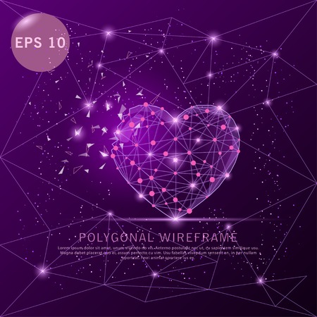 Love heart purple polygonal digitally drawn futuristic low poly wire frame shape point, composition and lines vector illustration.のイラスト素材
