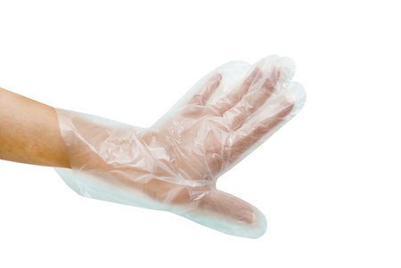 Transparent disposable glove on women handの写真素材