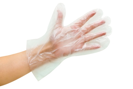  transparent disposable glove on women handの写真素材