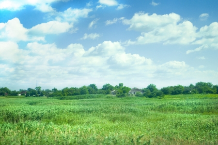 magic field with white old houseの写真素材