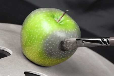 bright green apple on grey backgroundの写真素材