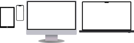 Electronic devices white background, desktop computer, laptop, tablet and mobile phonesのイラスト素材