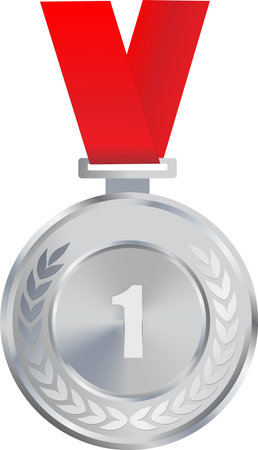 Realistic Silver Medal Vector, 1st Silver Award, 1st Prize, Silver ribbon Challenge Award, Medal Award winner, First place trophy, Silver Coin winnerのイラスト素材