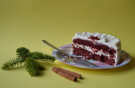 Piece of cake on yellow background with fir branch and cinnamonの写真素材