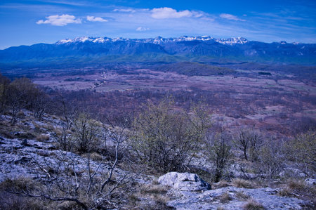 Scenic view of karst valley from the rocky mountainの写真素材