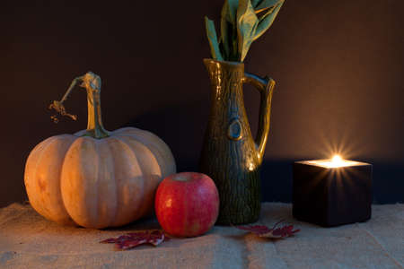 Halloween decoration with pumpkin apple, leaves and candle against the dark backgroundの写真素材