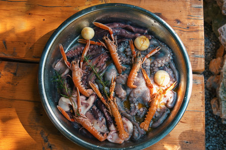 Octopus and shrimps in metal pot prepared for cookingの写真素材