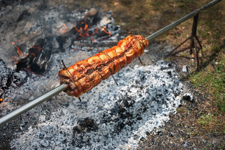 Pork meat baked on a spitの写真素材