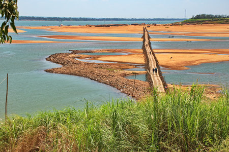 High angle view of bamboo bridge in Cambodiaの写真素材