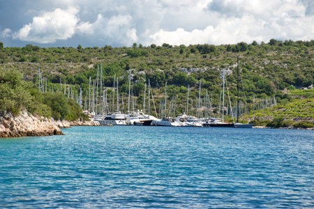 Sailing towards marina in Adriatic seaの写真素材