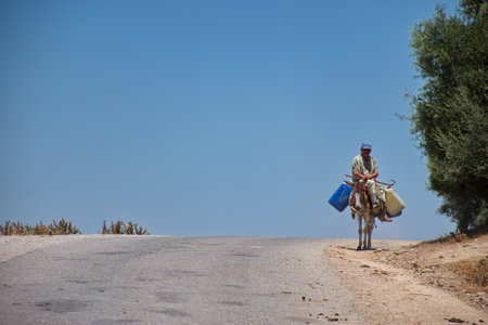 Old Berber riding mule in Moroccoの写真素材