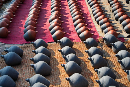 Traditional drying of clay bowls in the sun, Kathmandu, Nepal