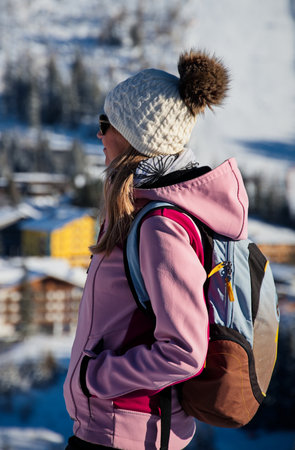 Closeup portrait of mature woman hiking in winter, Austriaの写真素材