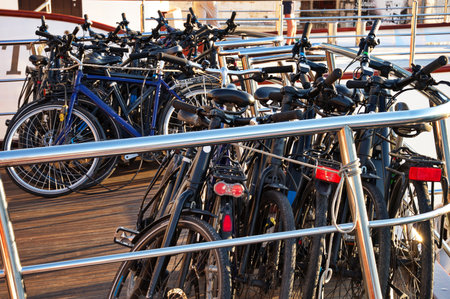 Group of bicycles being transported on a deck of a shipの写真素材